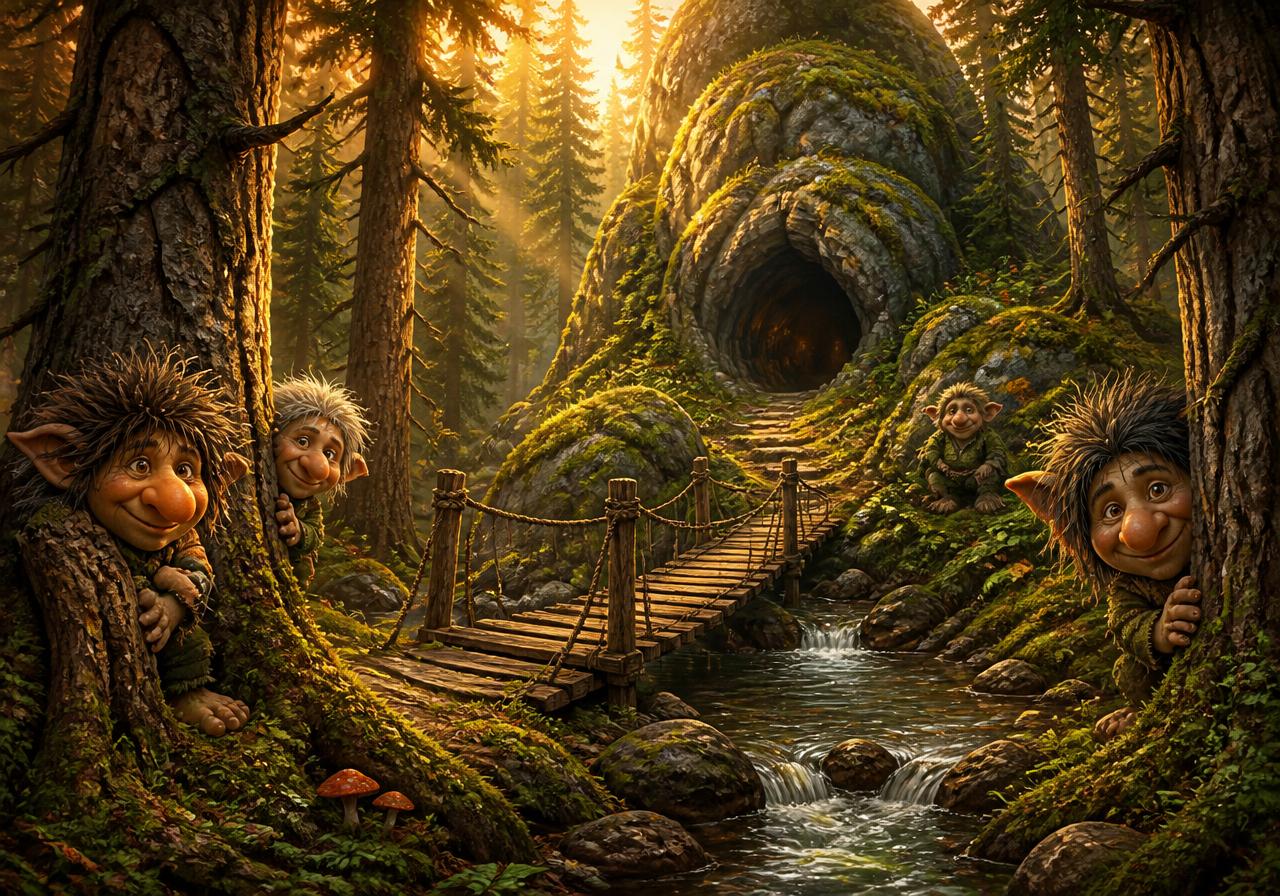 Trollskogen med trollbro, trollgrotta och gömda troll